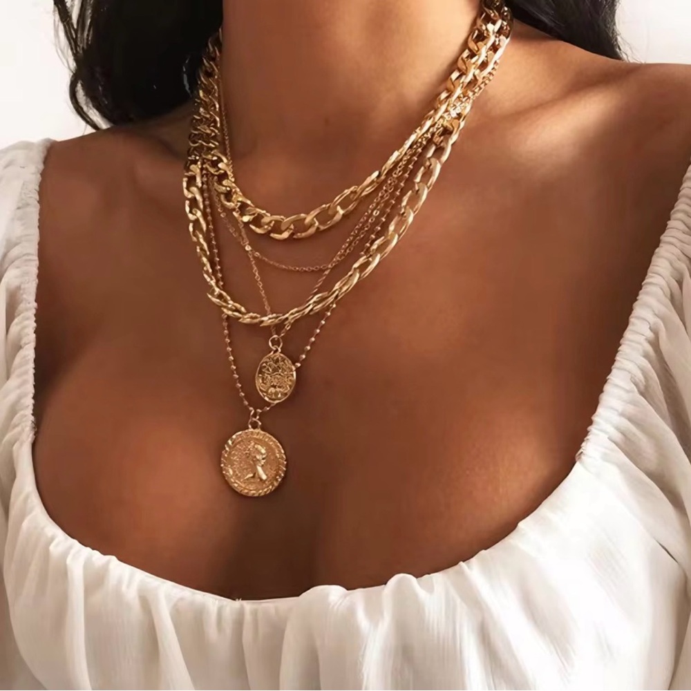 NEW! Layered Gold Coin Necklace 5 Pieces Set - Women's Fashion Jewelry